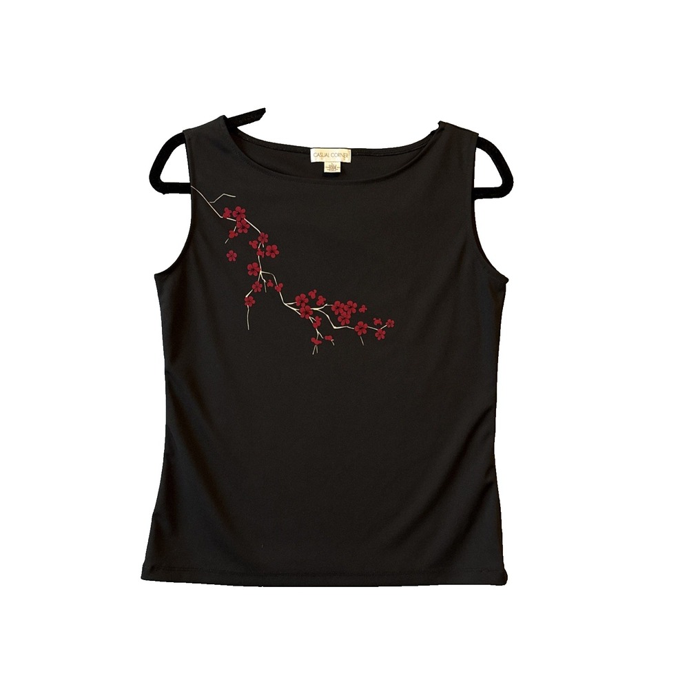 Vtg Casual Corner Cherry Blossom Beaded Tank Top L Goth Cottagecore Stretch Y2K